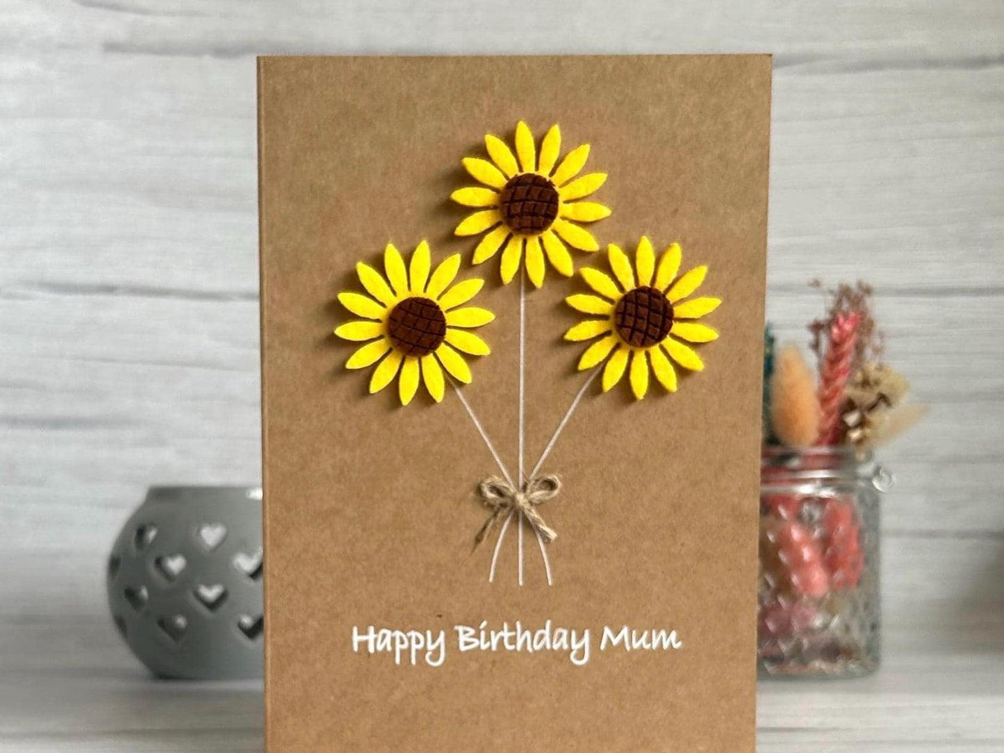 Personalised Felt Sunflower Birthday Card, Handmade 3D Flower Card for Mum or Friend, Rustic Floral Birthday Keepsake,