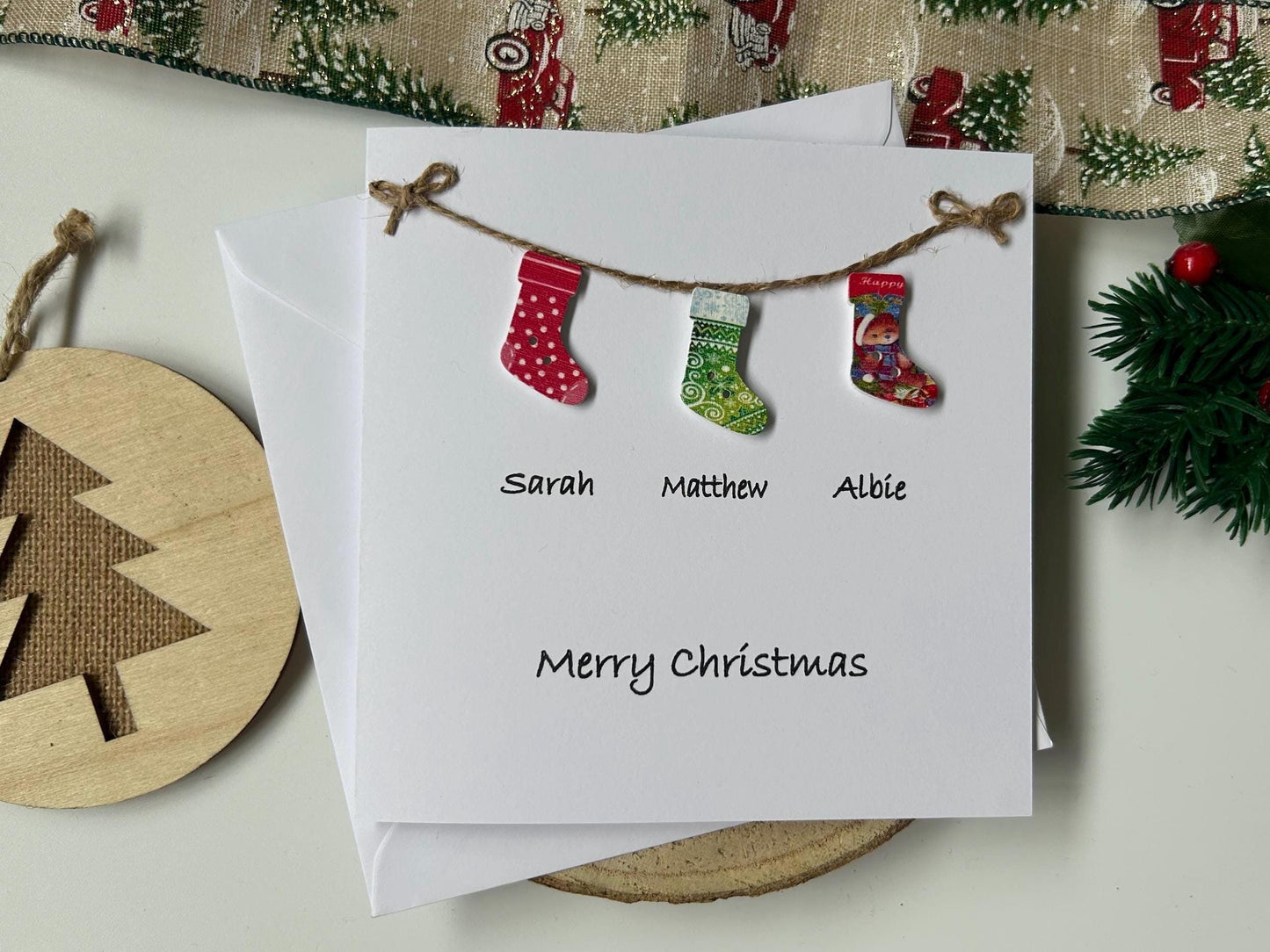 Personalised Family Christmas Card: to a special family, names and Stockings