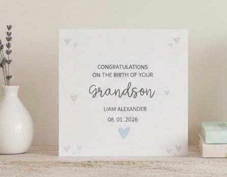 Personalised New Grandson Card with Name and Date, Congratulations On The Birth Of Your Grandson Card
