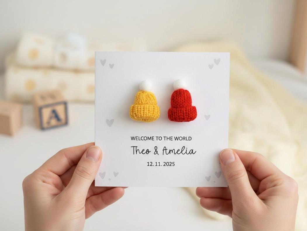 Congratulations Card New Parents to Twins, Congratulations On The Birth On Your Twins, Handmade New Baby Card With 3D Knitted Bobble Hats