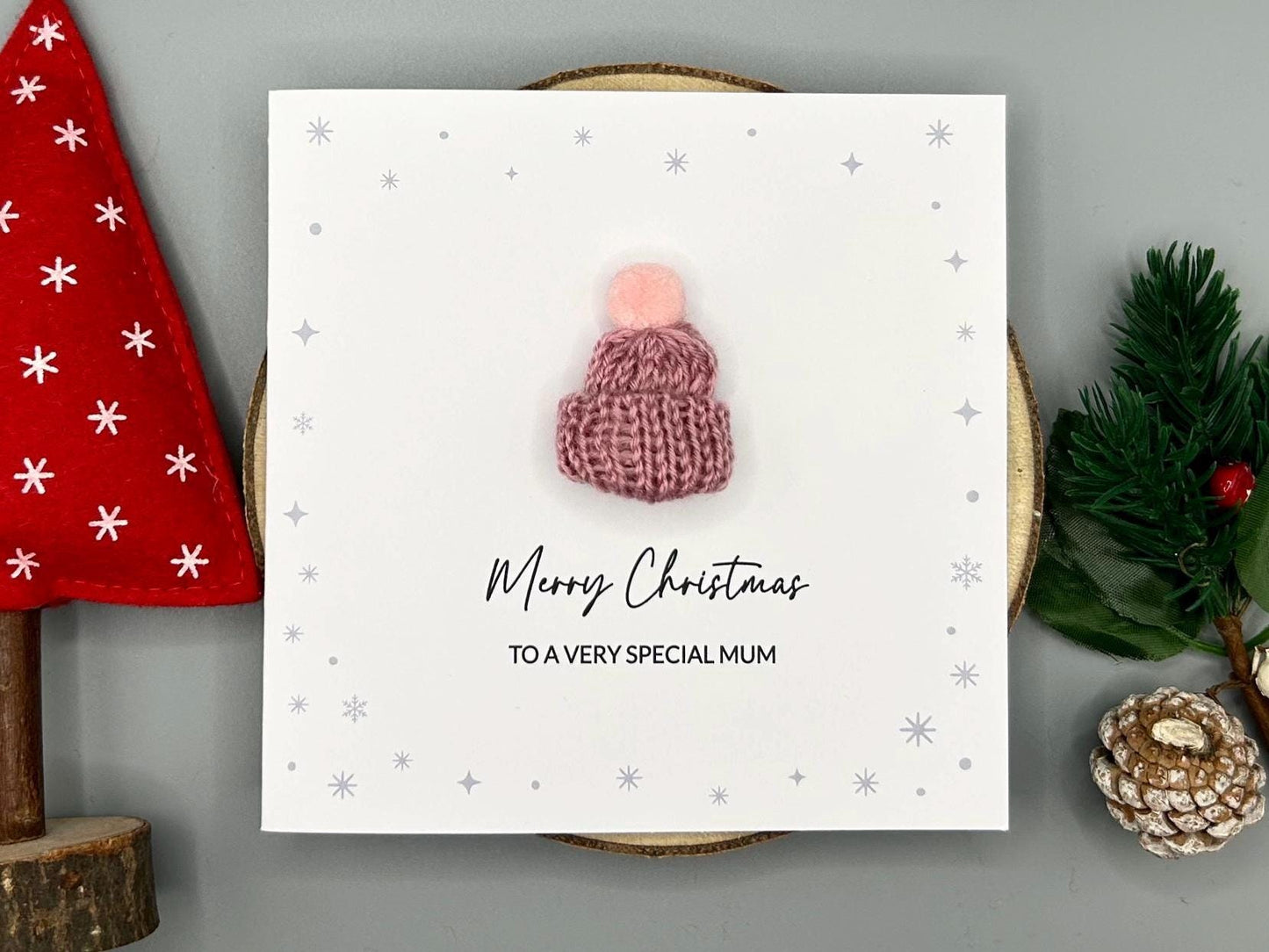 Merry Christmas To A Special Mum, Handmade Christmas Card With 3D Knitted Bobble Hat