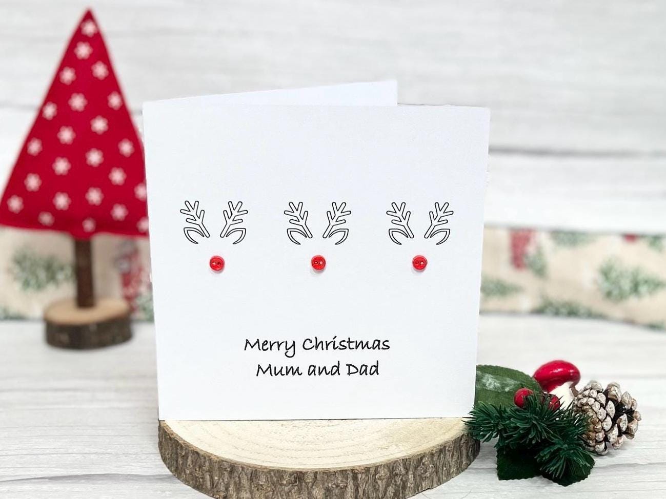 Handmade Reindeer Christmas Card with red button noses