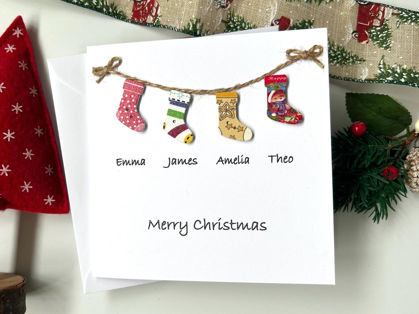 Personalised Family Christmas Card: to a special family, names and Stockings