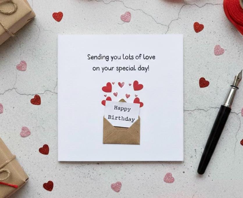 Handmade Birthday Card - Mini Envelope with Hearts, Personalised Birthday Keepsake for Her