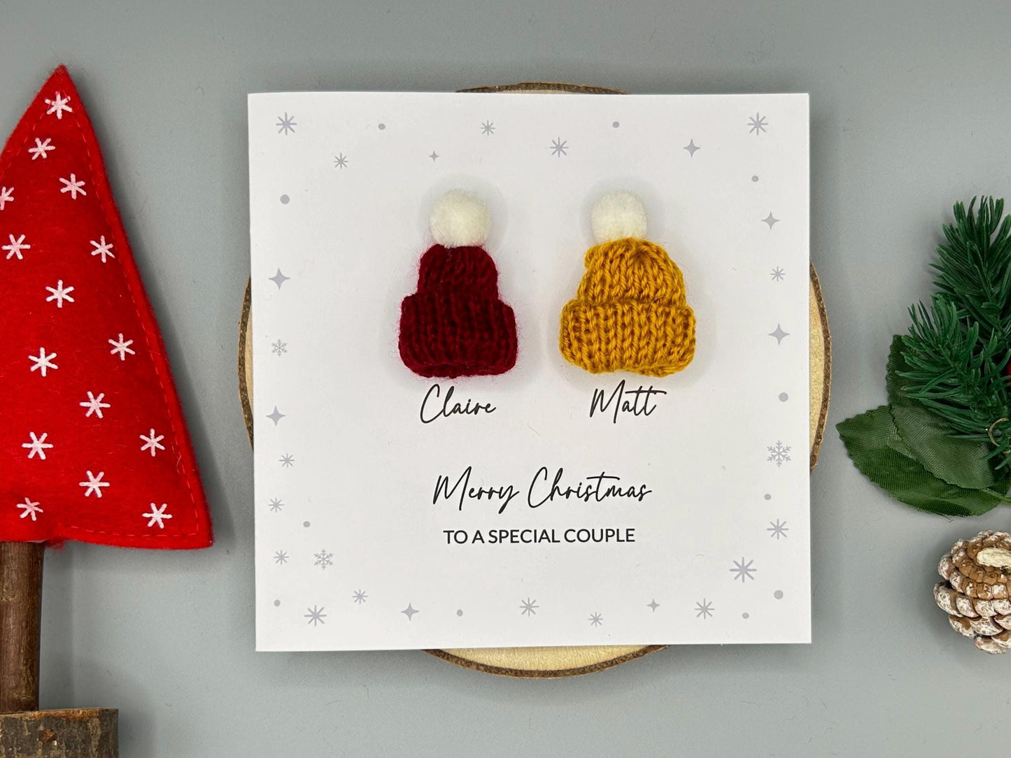 Merry Christmas to a Special Couple - Personalised Christmas Card With 3D Knitted Bobble Hats