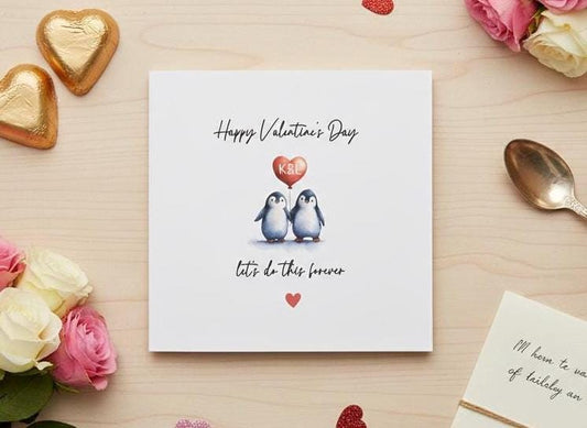 Personalised Penguin Valentine's Day Card, Custom Initial Heart Love Card for Husband, Wife, Partner. Let’s Do This Forever' Card