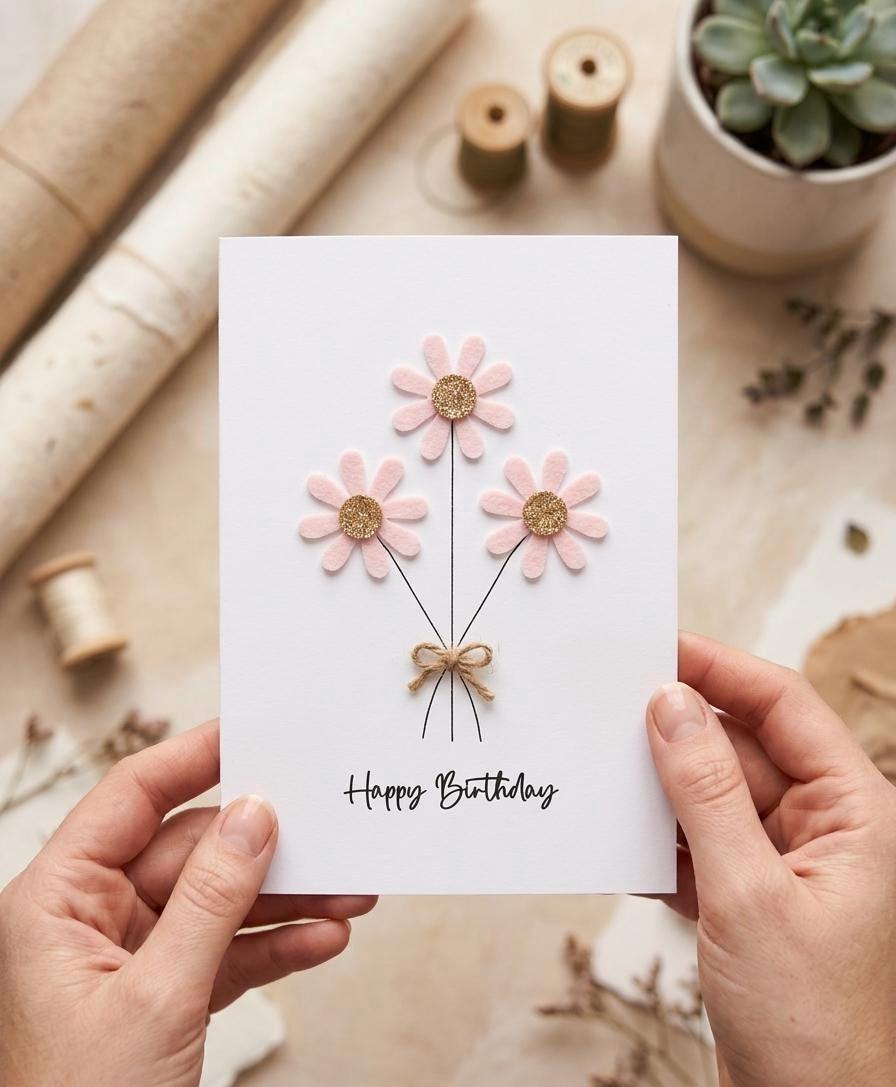 Personalised Daisy Birthday Card, Sparkly Daisy Card, Any Occasion, Handmade Flowers Card for Her, Floral Birthday Card