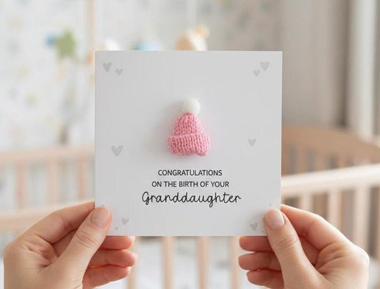Congratulations On The Birth On Your Granddaughter - Handsome 3D Bobble Hat Personalised Baby Card for Grandparents