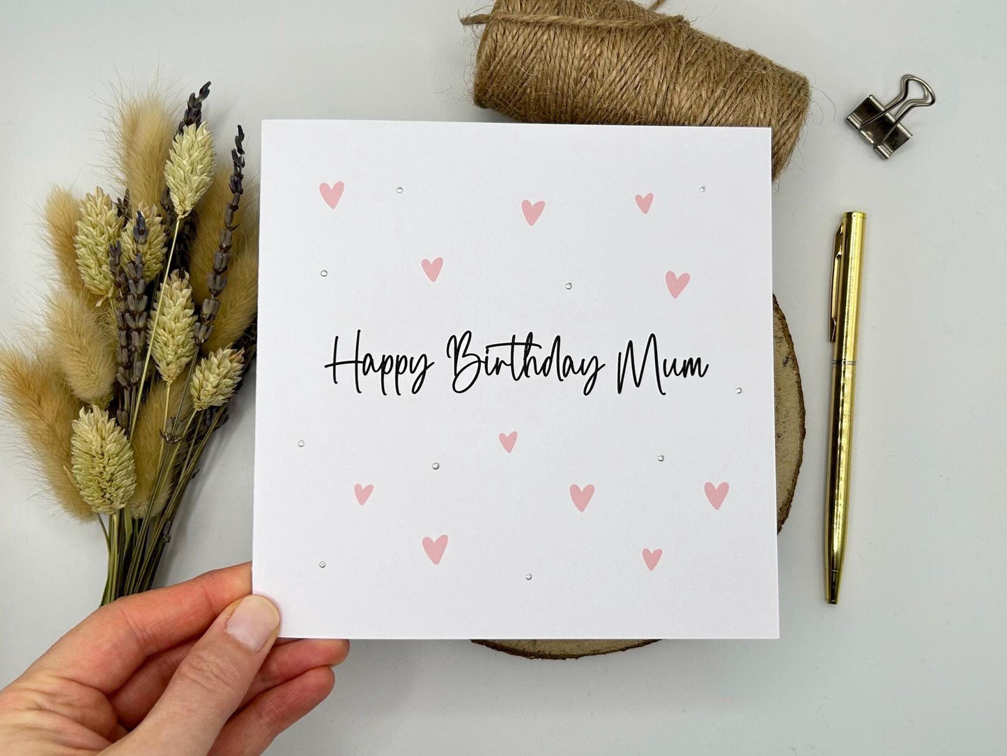 Handmade Mum Birthday Card, Hearts and Silver Embellishments