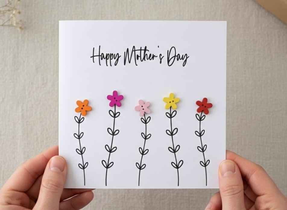 Handmade Mothers Day Card, Mum Flower Card, Mum Button Card, Special Mum Card