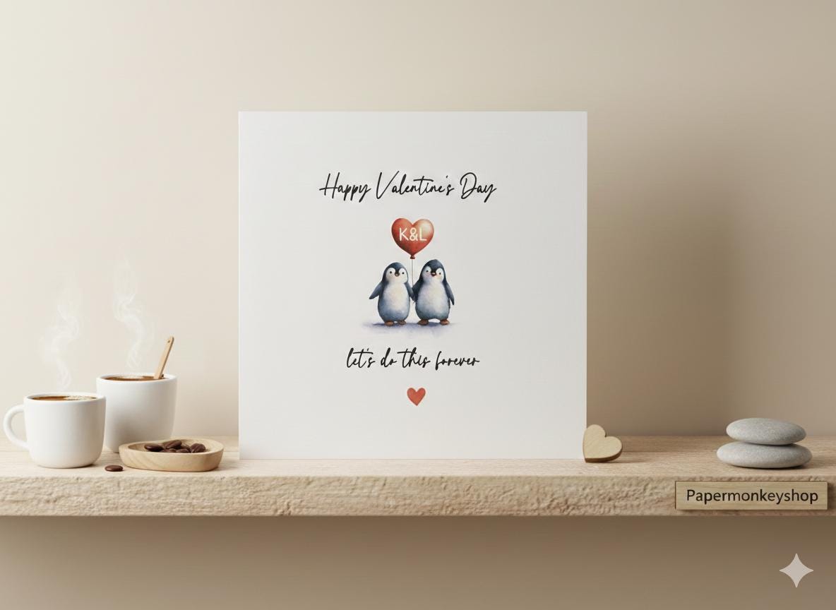 Personalised Penguin Valentine's Day Card, Custom Initial Heart Love Card for Husband, Wife, Partner. Let’s Do This Forever' Card