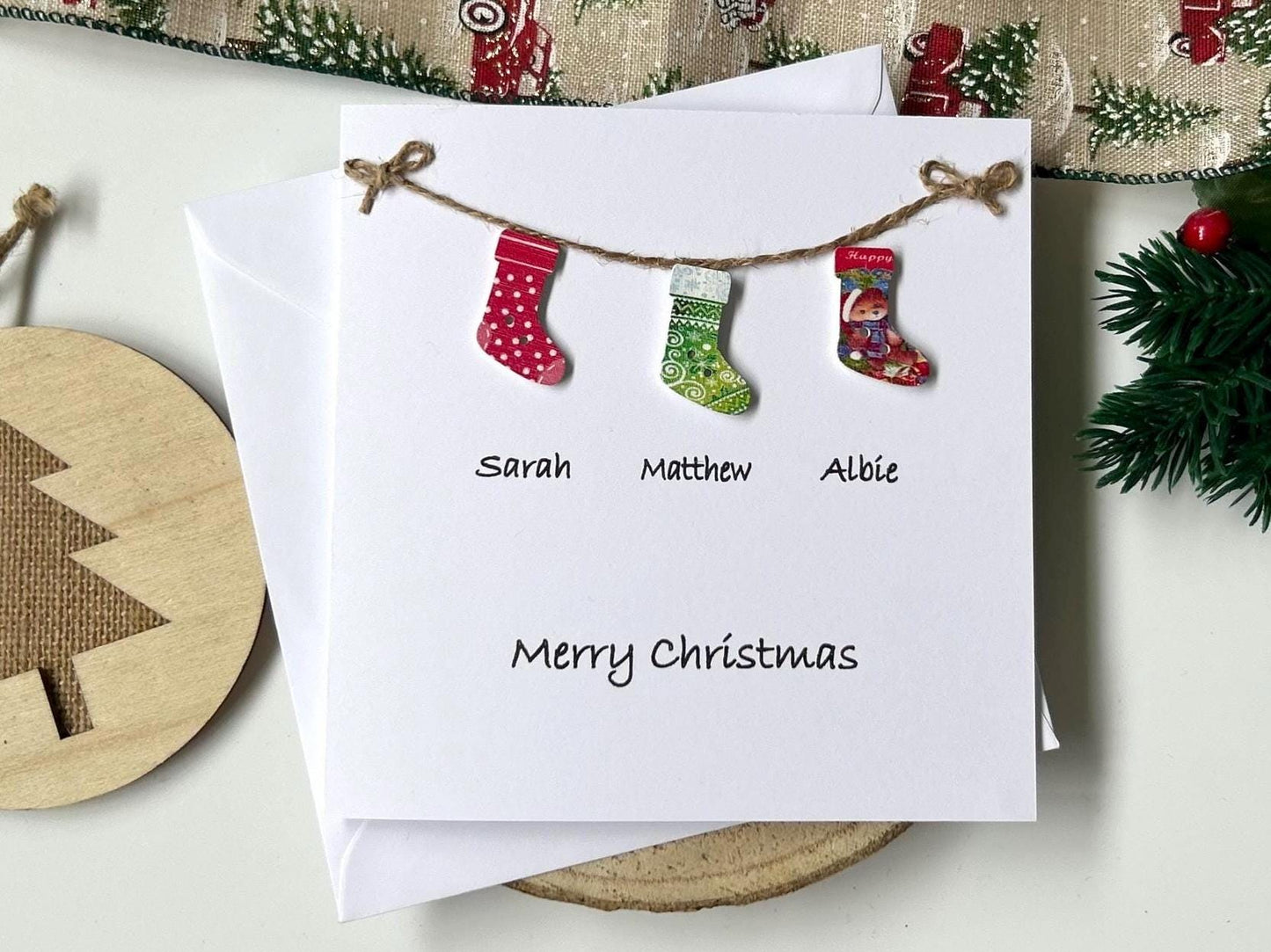 Personalised Family Christmas Card: to a special family, names and Stockings