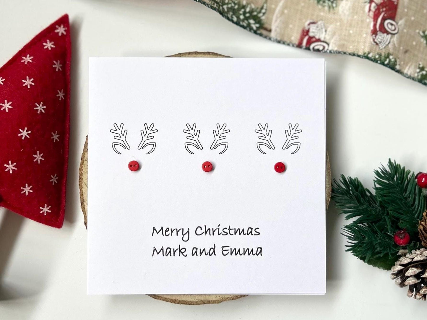 Handmade Reindeer Christmas Card with red button noses