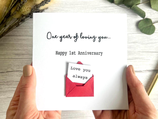 Personalised First Anniversary Card, Romantic Hidden Message Card,