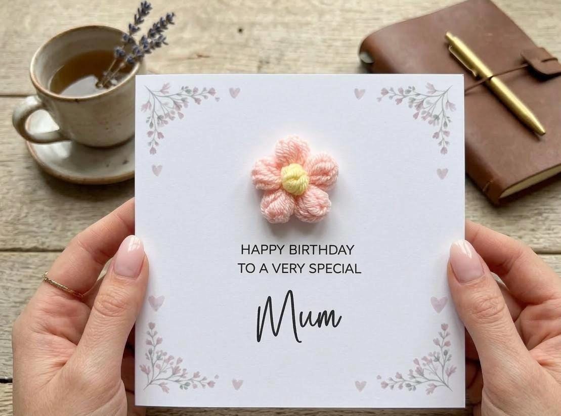 Personalized Handmade Birthday Card with 3D Coral Pink Flower and Floral Border