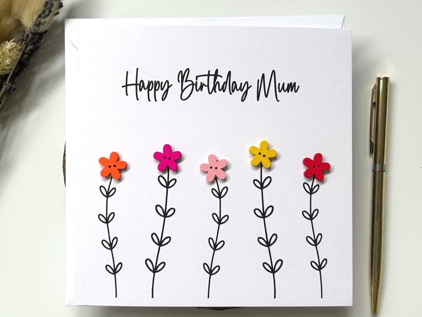 Handmade Mum Birthday Card, Mum Flower Card, Happy Birthday Mum, Button Birthday Card, Special Mum Card