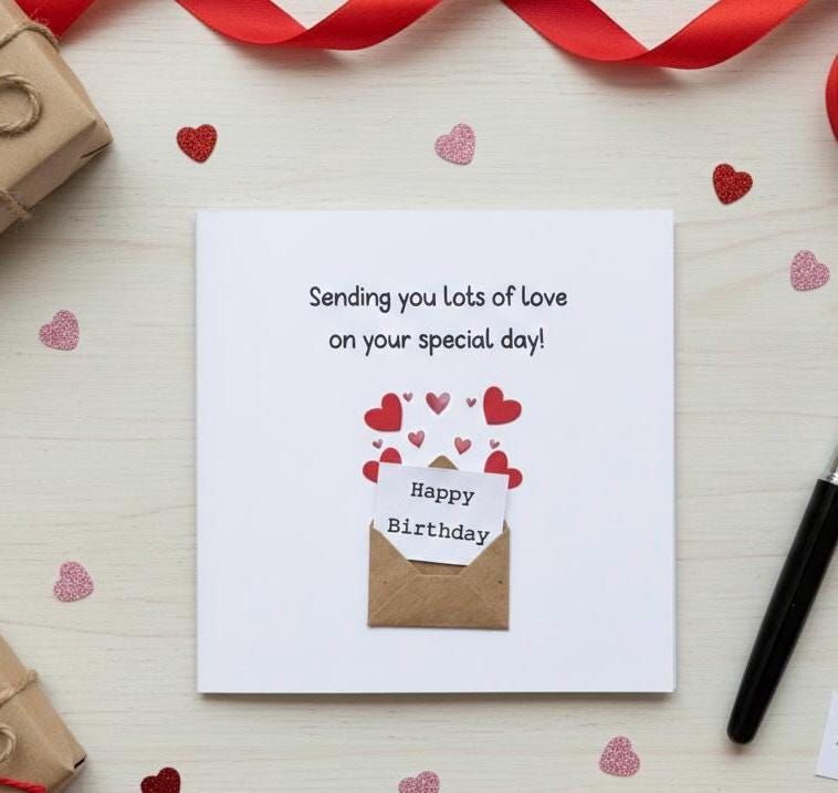 Handmade Birthday Card - Mini Envelope with Hearts, Personalised Birthday Keepsake for Her
