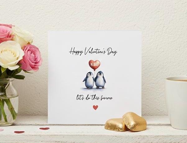 Personalised Penguin Valentine's Day Card, Custom Initial Heart Love Card for Husband, Wife, Partner. Let’s Do This Forever' Card