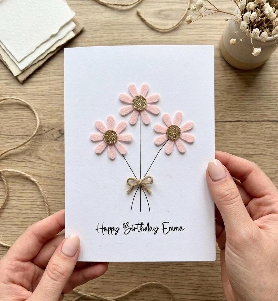 Personalised Daisy Birthday Card, Sparkly Daisy Card, Any Occasion, Handmade Flowers Card for Her, Flowers Birthday Card