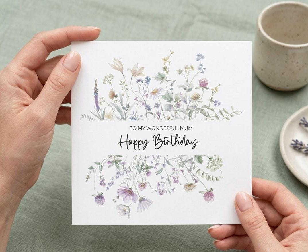 Personalised Mum Birthday Card, Happy Birthday Mum Card, Mum Floral Birthday Card, Watercolour Botanical Wildflowers