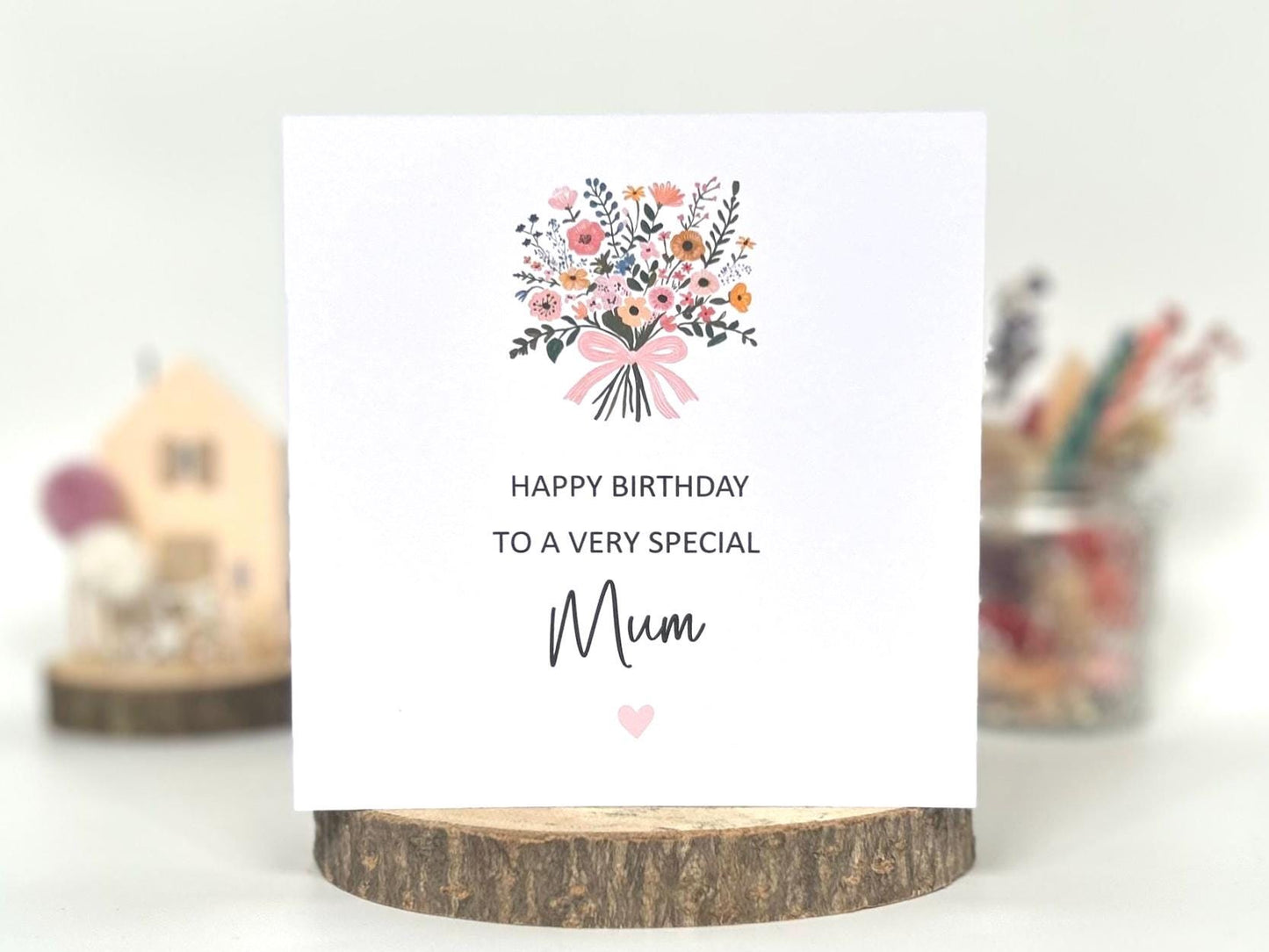 Personalised Mum Birthday Card, Happy Birthday Mum Card, Mum Floral Birthday Card With Ribbon Tied Bouquet