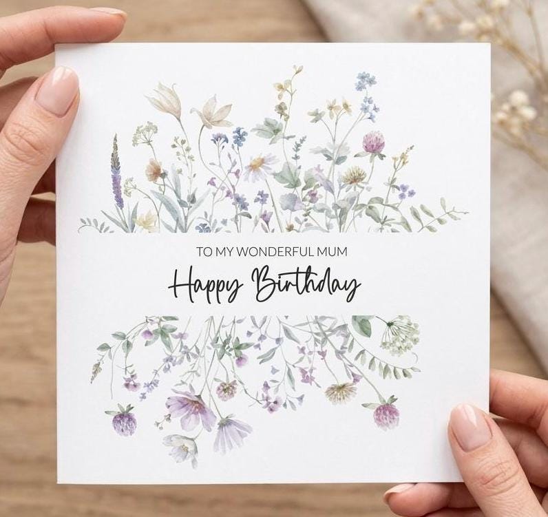 Personalised Mum Birthday Card, Happy Birthday Mum Card, Mum Floral Birthday Card, Watercolour Botanical Wildflowers