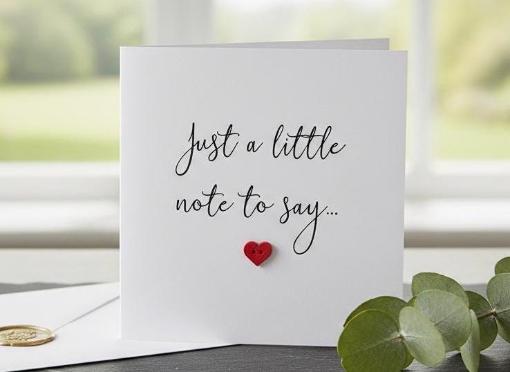 Handmade 3D Button Heart Card, Just a Little Note To Say, Minimalist Announcement Card With Red Heart
