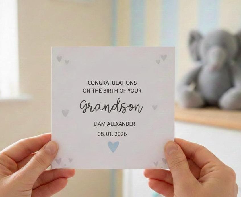 Personalised New Grandson Card with Name and Date, Congratulations On The Birth Of Your Grandson Card