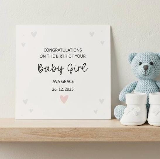 Personalised New Baby Girl Card with Name and Date, Custom 'Congratulations' Birth of Your Girl Card, Handmade Minimalist Heart Keepsake.