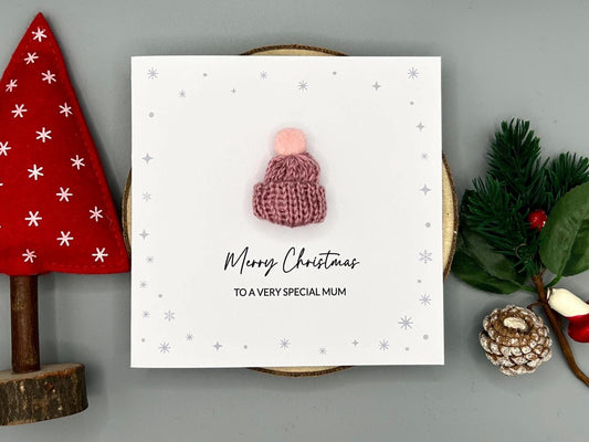 Merry Christmas To A Special Mum, Handmade Christmas Card With 3D Knitted Bobble Hat
