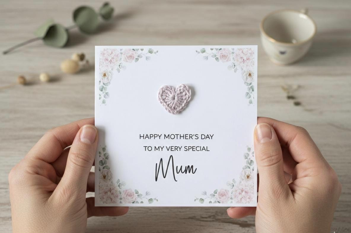 3D Crochet Heart Mother's Day Card - Happy Mothers Day Mum