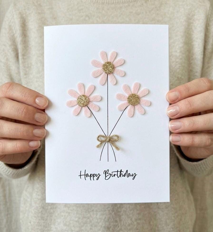 Personalised Daisy Birthday Card, Sparkly Daisy Card, Any Occasion, Handmade Flowers Card for Her, Flowers Birthday Card