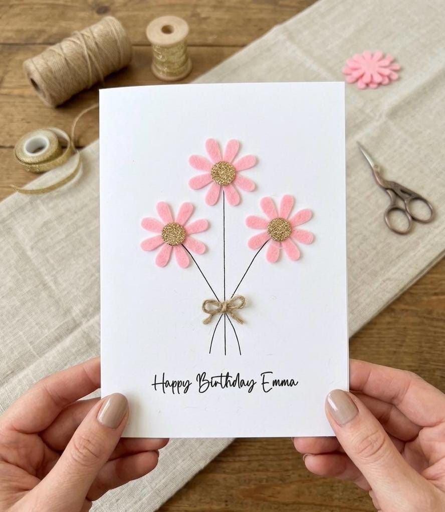 Handmade Daisy Birthday Card, Personalised Sparkly Daisy Card For Any Occasion, Flowers Birthday Card