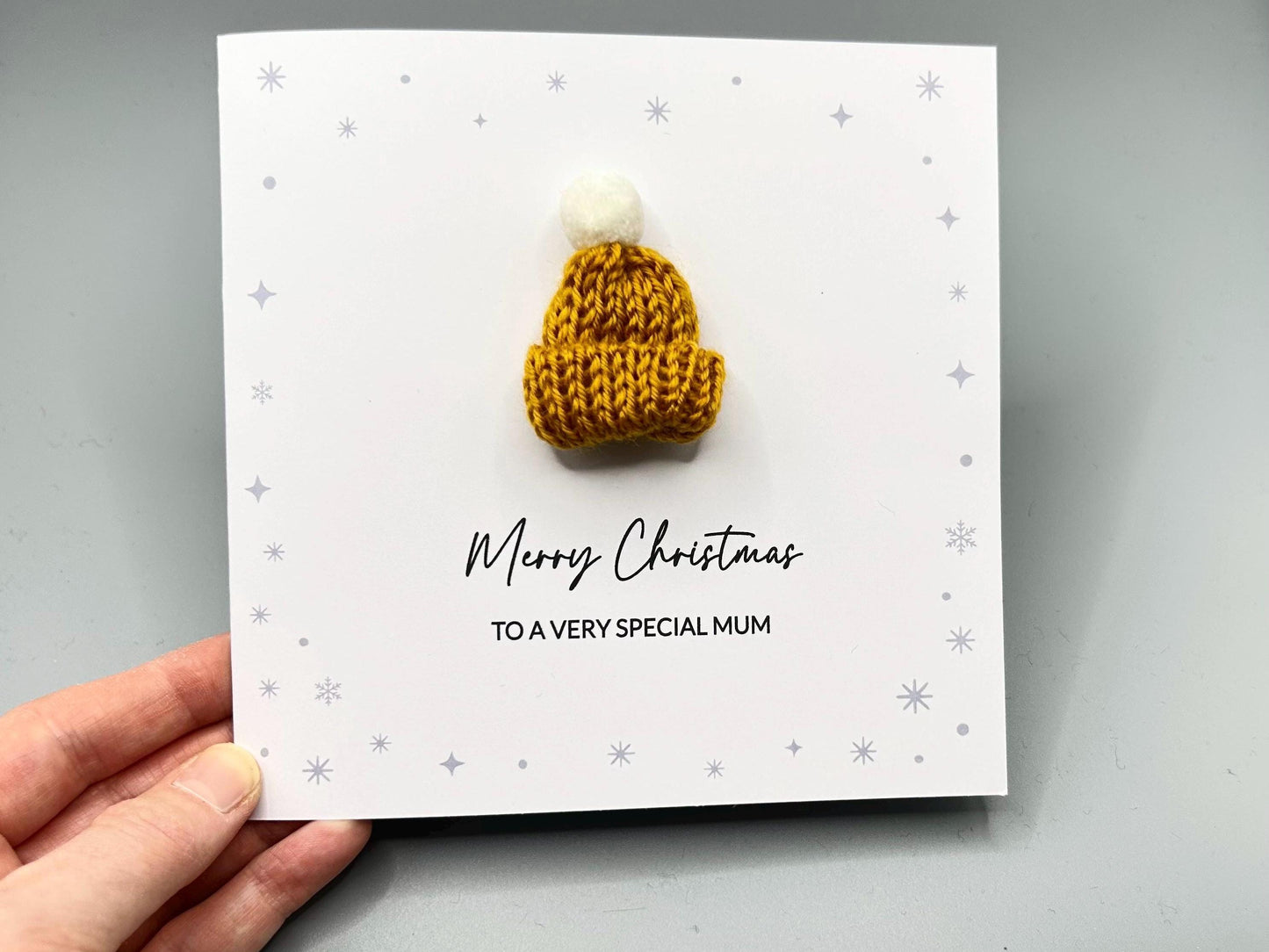 Merry Christmas To A Special Mum, Handmade Christmas Card With 3D Knitted Bobble Hat