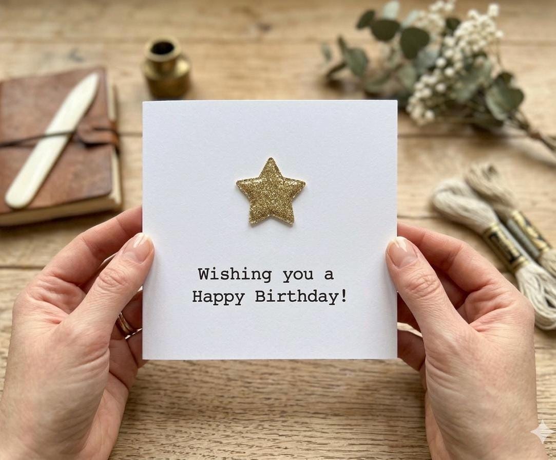 Handmade Gold Star Birthday, Glitter Effect Birthday Card, 3D Gold Star
