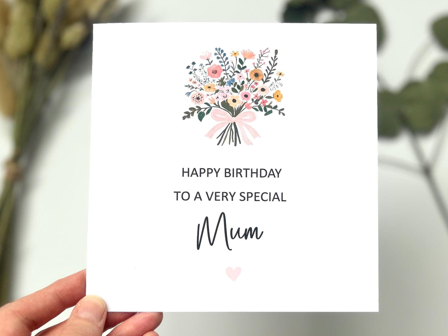 Personalised Mum Birthday Card, Happy Birthday Mum Card, Mum Floral Birthday Card With Ribbon Tied Bouquet