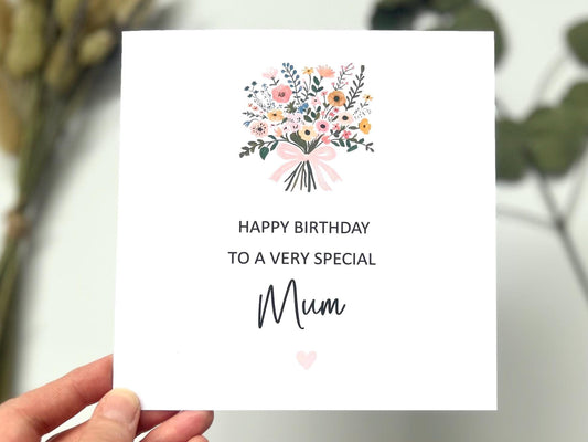 Personalised Mum Birthday Card, Happy Birthday Mum Card, Mum Floral Birthday Card With Ribbon Tied Bouquet