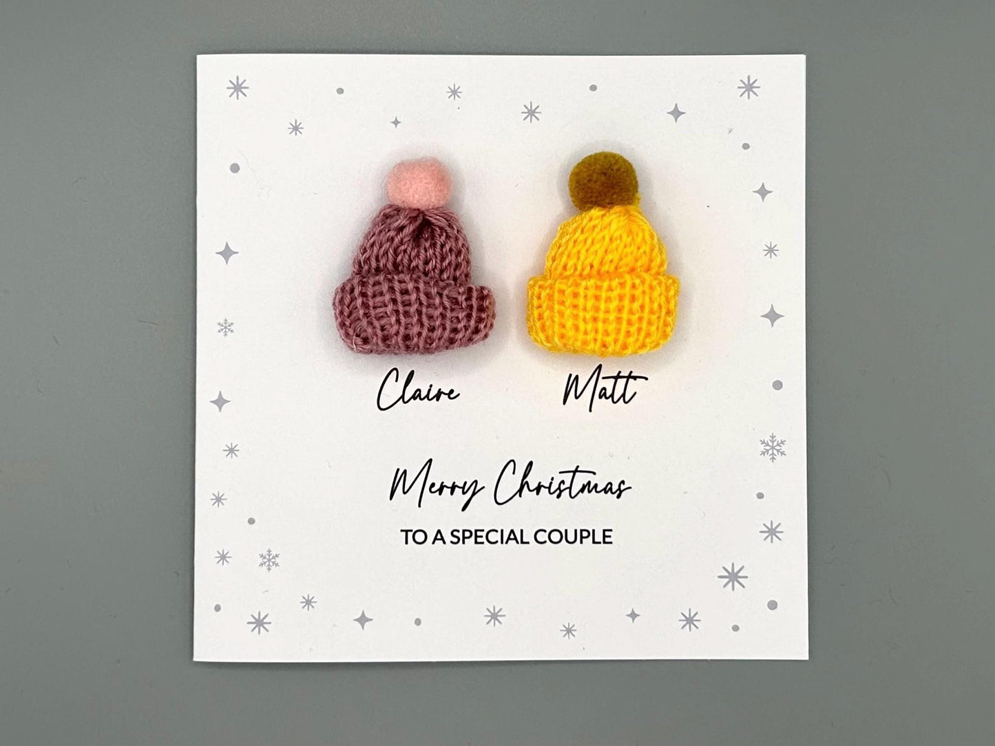 Merry Christmas to a Special Couple - Personalised Christmas Card With 3D Knitted Bobble Hats