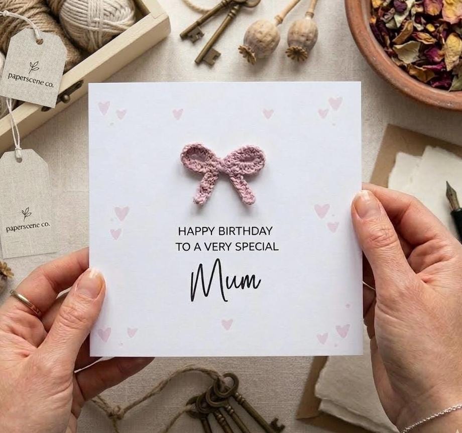 3D Fabric Ribbon Handmade Birthday Card with Pink Heart Background