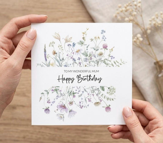 Personalised Mum Birthday Card, Happy Birthday Mum Card, Mum Floral Birthday Card, Watercolour Botanical Wildflowers