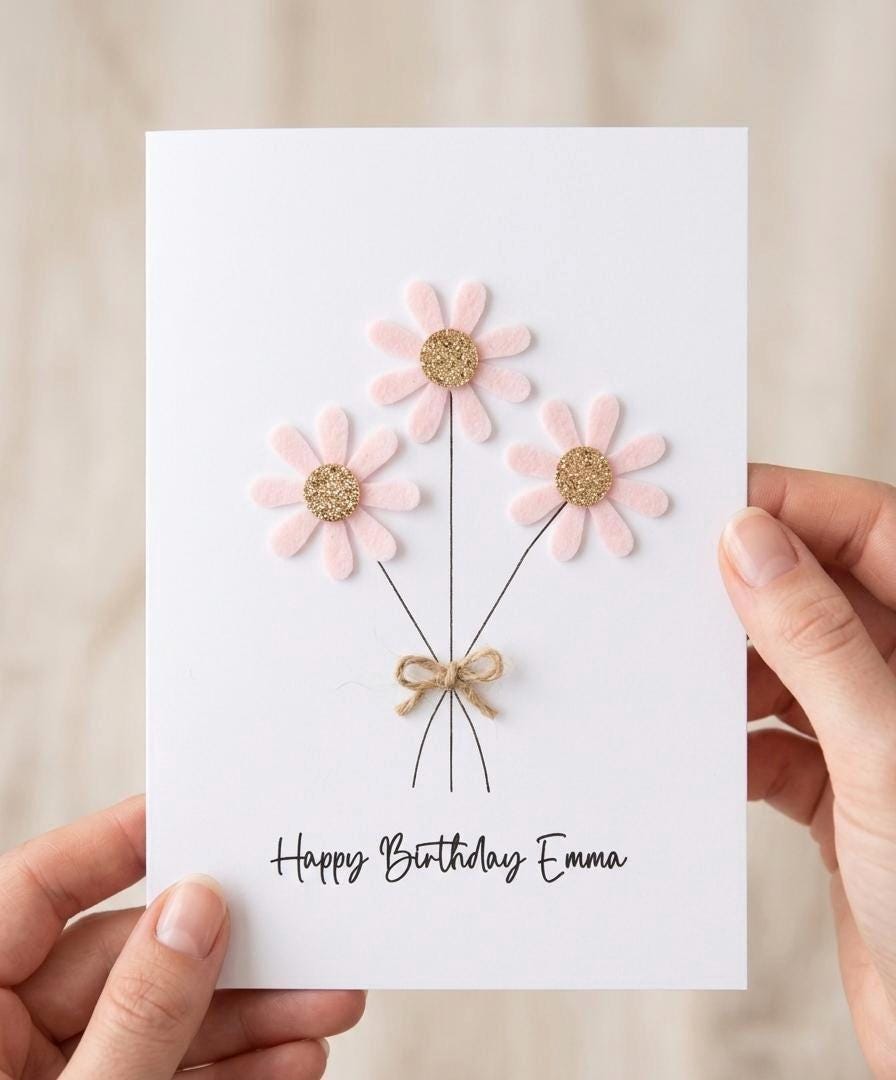 Personalised Daisy Birthday Card, Sparkly Daisy Card, Any Occasion, Handmade Flowers Card for Her, Flowers Birthday Card