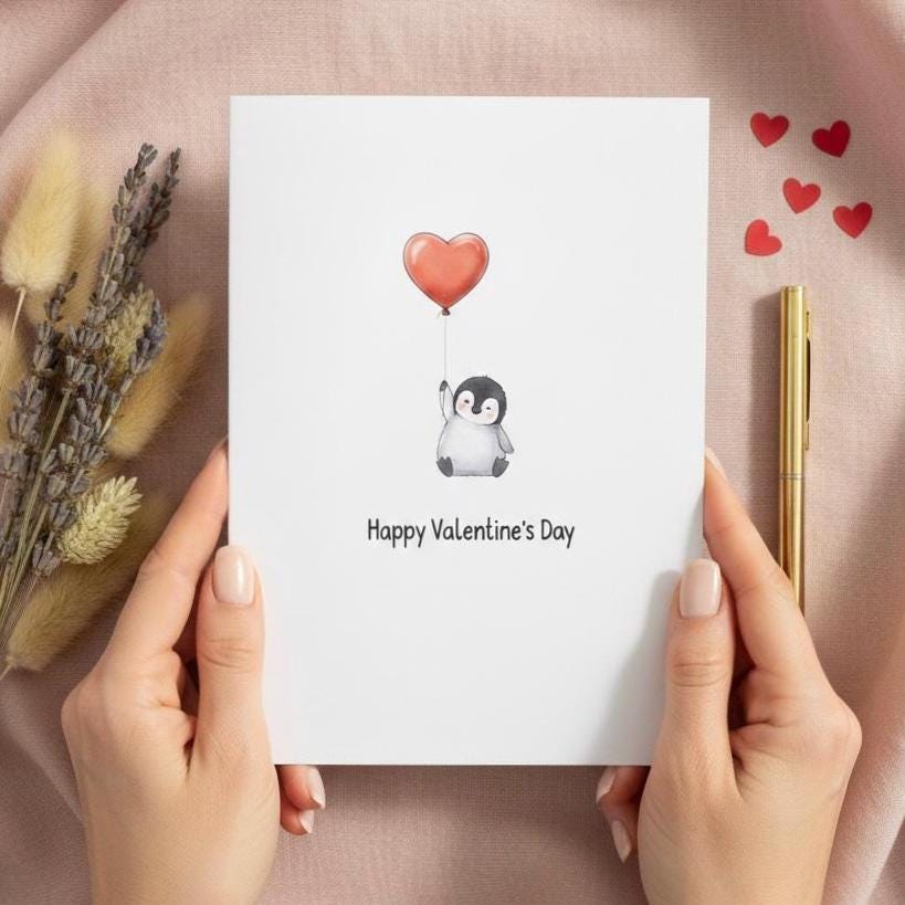 Penguin Valentines Day Card - Cute Penguin With Heart Balloon