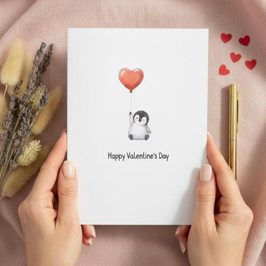Penguin Valentines Day Card - Cute Penguin With Heart Balloon