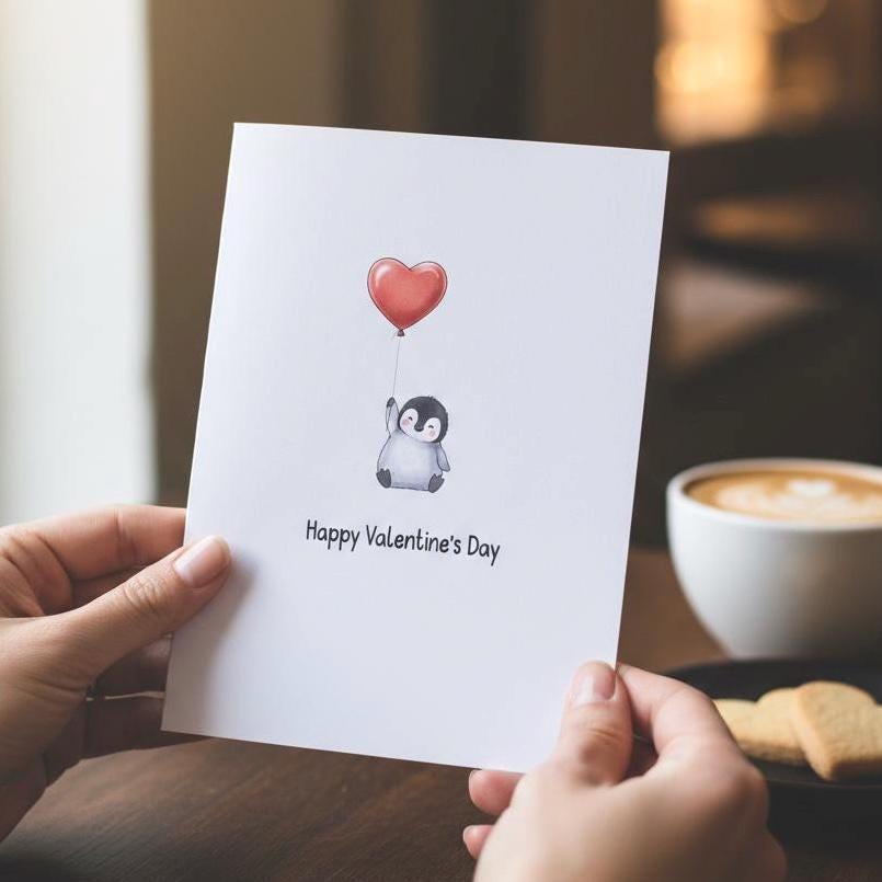 Penguin Valentines Day Card - Cute Penguin With Heart Balloon