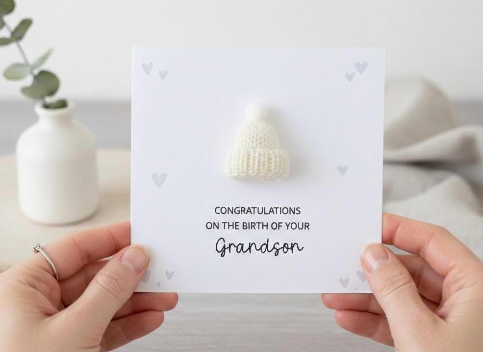 Congratulations On The Birth On Your Grandson - Handsome 3D Bobble Hat Personalised Baby Card for Grandparents