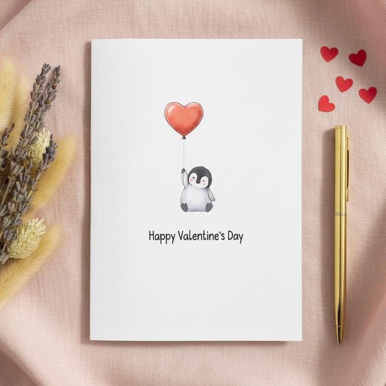 Penguin Valentines Day Card - Cute Penguin With Heart Balloon
