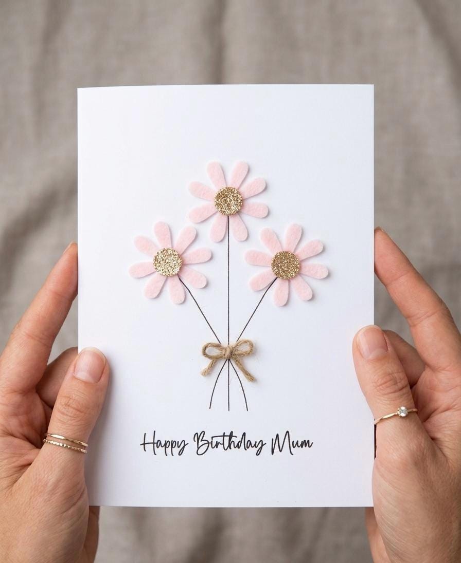 Personalised Daisy Birthday Card, Sparkly Daisy Card, Any Occasion, Handmade Flowers Card for Her, Floral Birthday Card