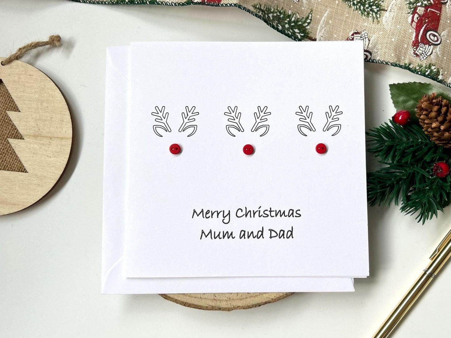 Handmade Reindeer Christmas Card with red button noses
