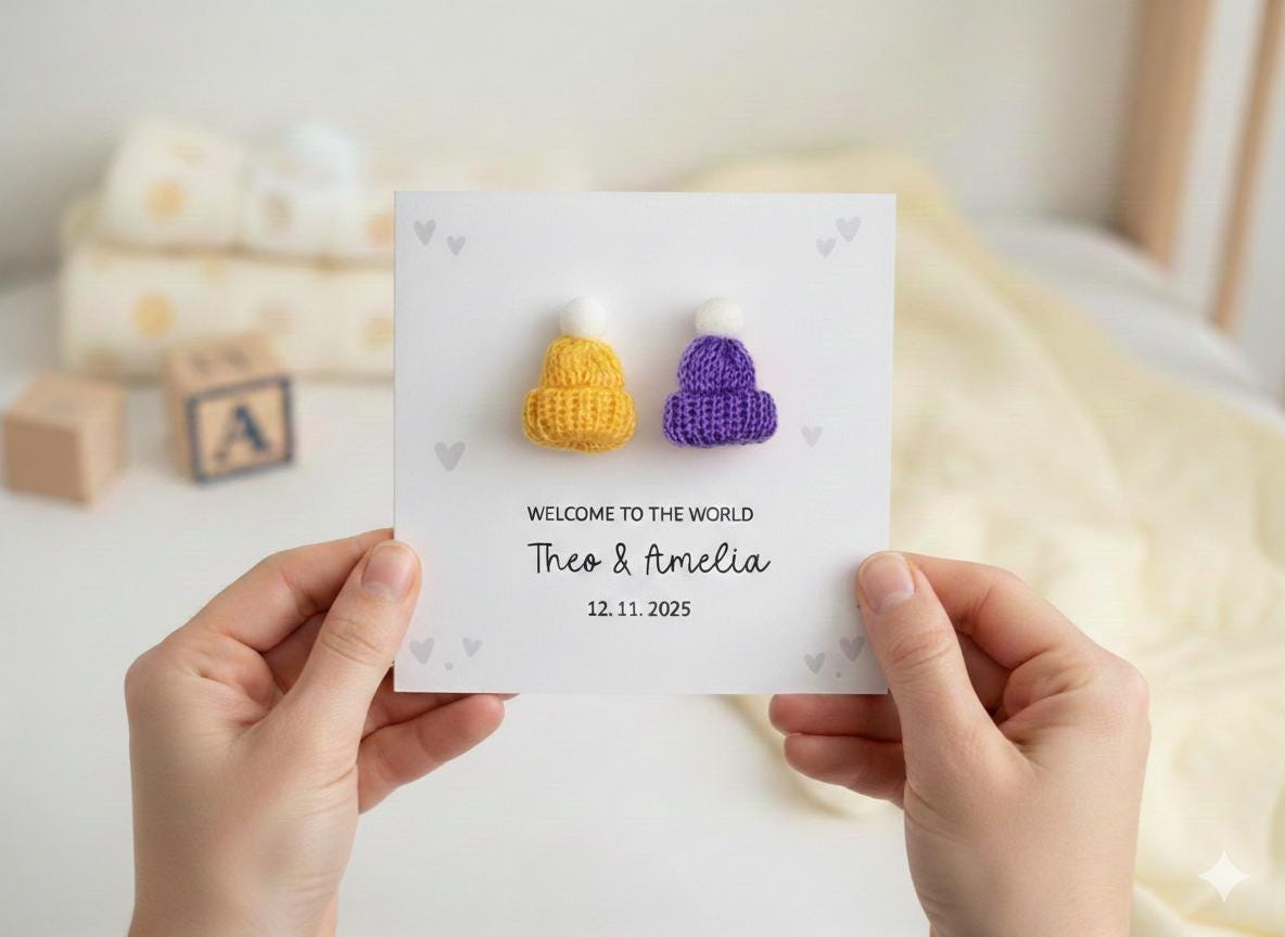 Congratulations Card New Parents to Twins, Congratulations On The Birth On Your Twins, Handmade New Baby Card With 3D Knitted Bobble Hats