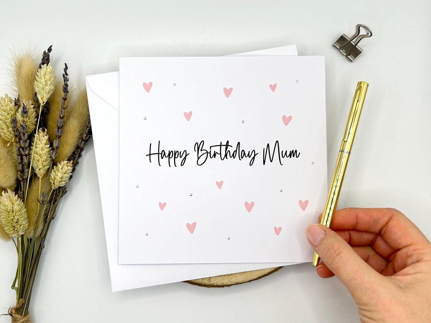 Handmade Mum Birthday Card, Hearts and Silver Embellishments